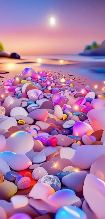 Colorful pebbles on a beach during a sunset, creating a vibrant and dreamy scene.