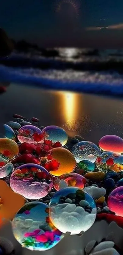 Bright glass spheres on a dark, colorful beach during nighttime.