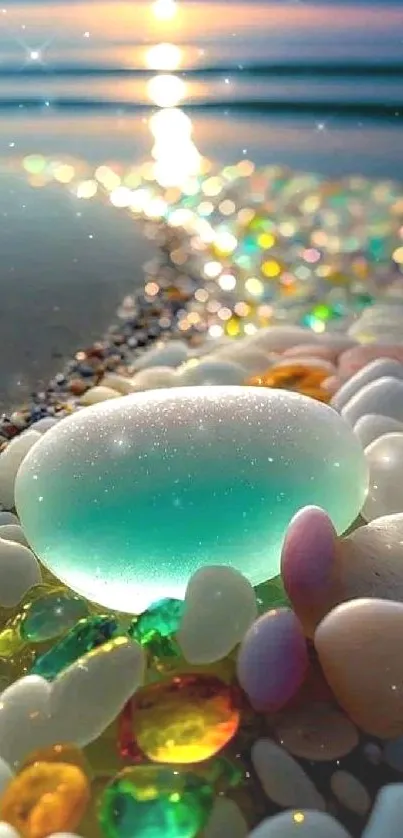 Colorful pebbles on a beach with a sunset reflection over the ocean.