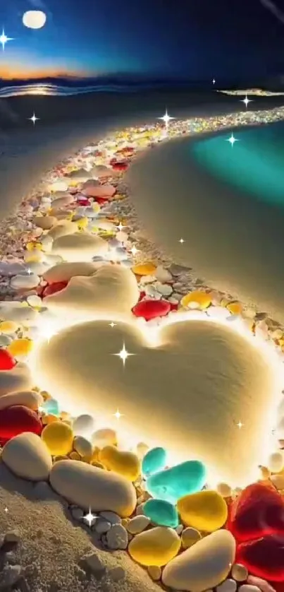 Colorful pebble heart path under a moonlit sky wallpaper.