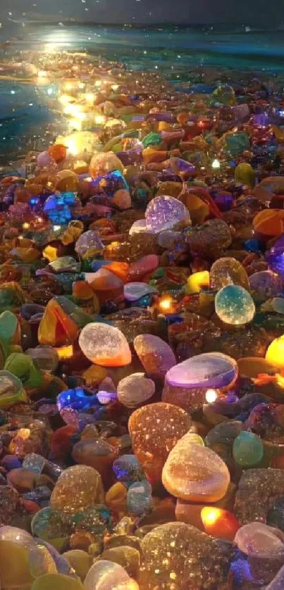 A colorful display of glowing pebbles on a dark path under a starry sky.