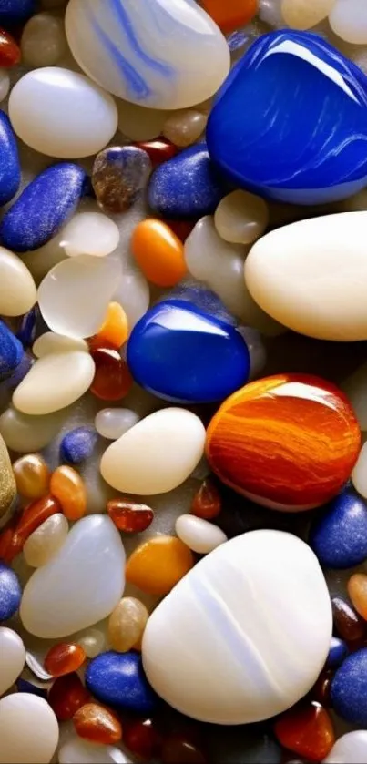 Vibrant phone wallpaper with multicolored smooth pebbles.