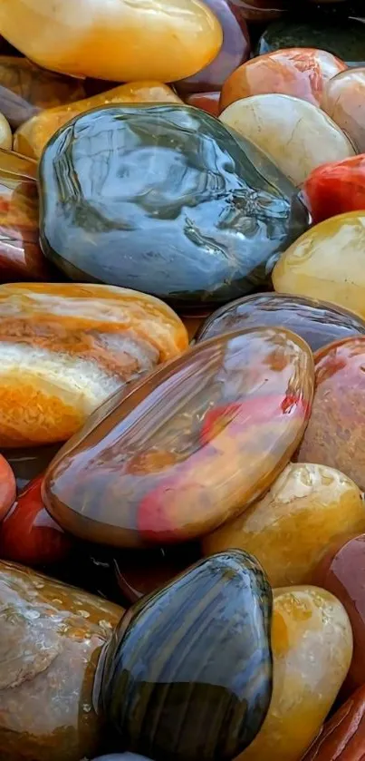 Mobile wallpaper featuring colorful polished stones in earth tones.