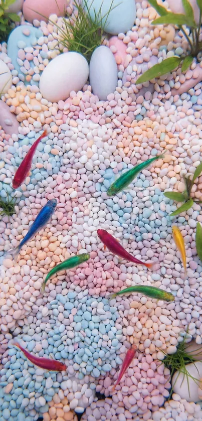 Colorful pebbles and fish with green plants.