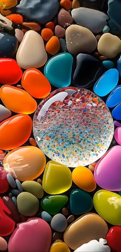 Colorful pebbles surrounding a glass sphere with vibrant hues.