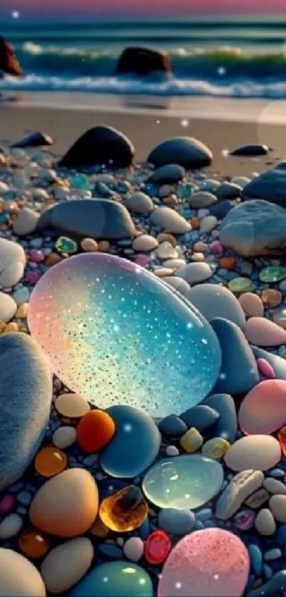 Colorful pebbles on a beach at sunset with waves in the background.