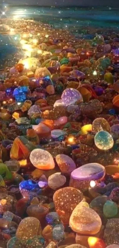 Colorful pebbles on a glowing beach at night.