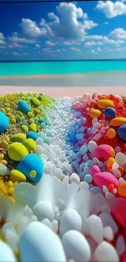 Vibrant beach with colorful pebbles and a blue ocean backdrop.