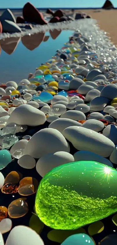 Colorful pebbles on a sunny beach, reflecting sunlight.