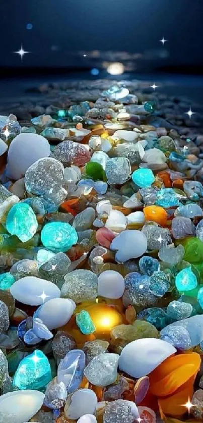 Vibrant beach pebbles illuminated by moonlight on a tranquil night.