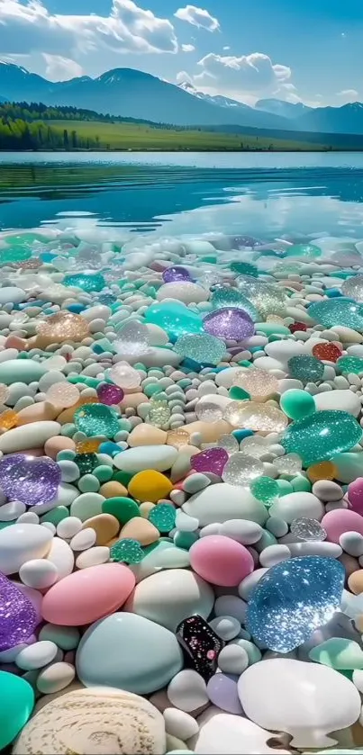 Colorful pebbles under clear blue sky by a serene lake.