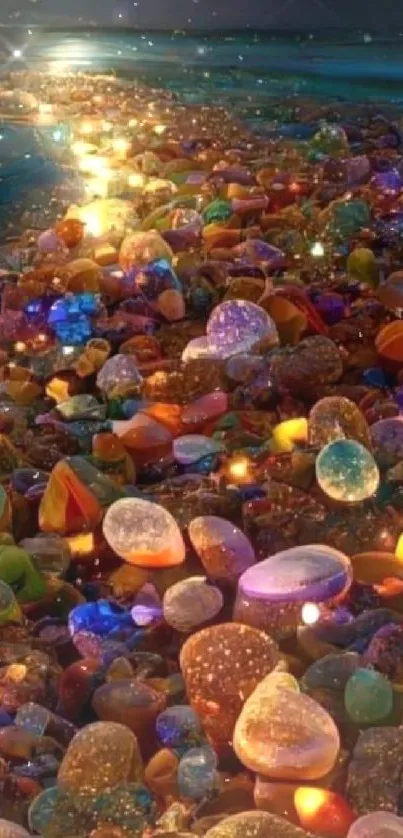 Colorful pebbles illuminated by sunlight creating a vibrant path.