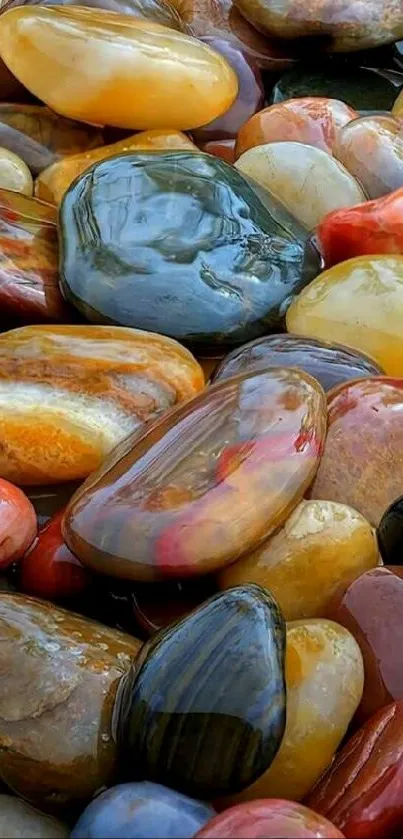 A close-up of vibrant polished stones in various colors.