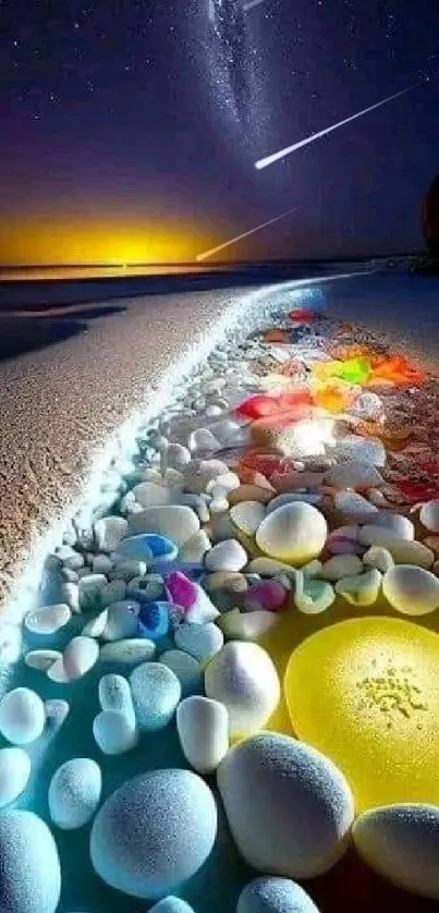 Colorful pebbles under a starry galaxy sky on a serene beach.