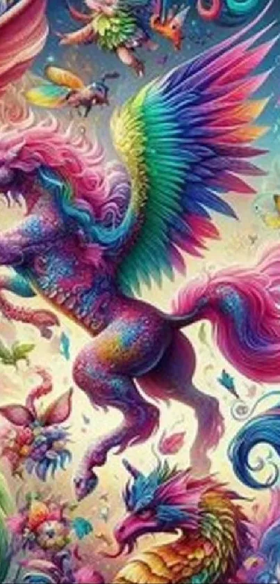 A vibrant and colorful unicorn fantasy art illustration with mythical creatures.