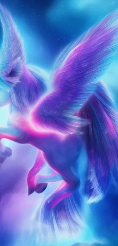 Fantasy Pegasus with vibrant wings in a celestial blue and purple sky.