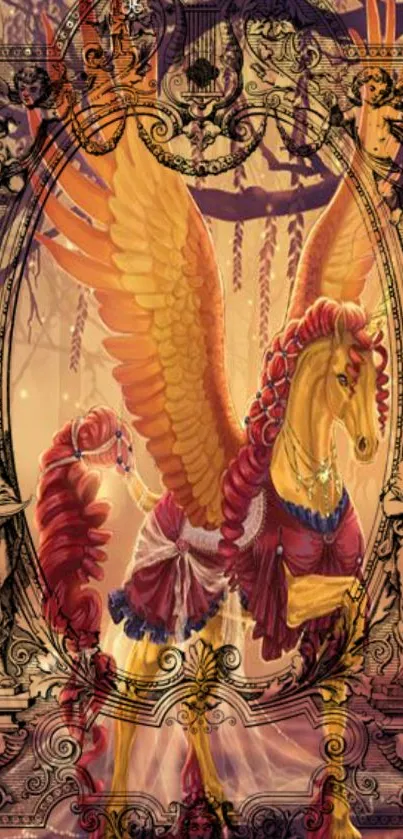 Colorful Pegasus with wings in fantasy art, ornate floral frame