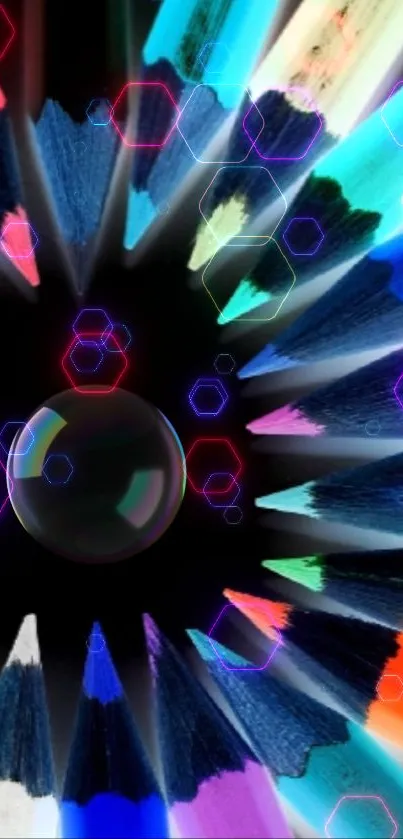 Colorful pencils with neon lights in a vibrant artistic design.
