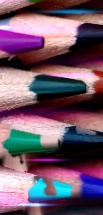 Close-up view of colorful pencils in artistic arrangement.