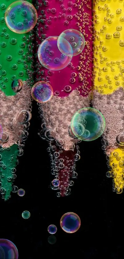 Macro shot of colorful pencils submerged in bubbly water.