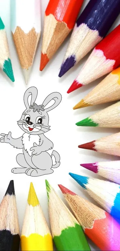 Illustrated bunny surrounded by colorful pencils in a circle.