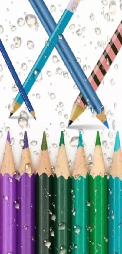 Mobile wallpaper with colorful pencils and water droplets.