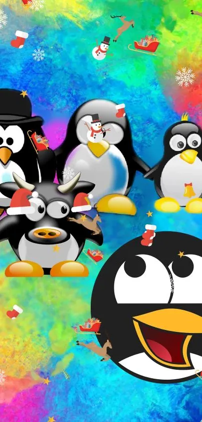 Festive cartoon penguins on a colorful Christmas-themed mobile wallpaper.