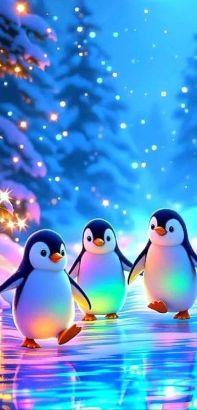 Colorful penguins in a snowy, vibrant setting.