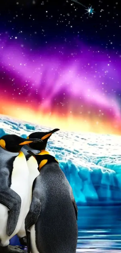 Trio of penguins under a vivid aurora borealis sky with stars.