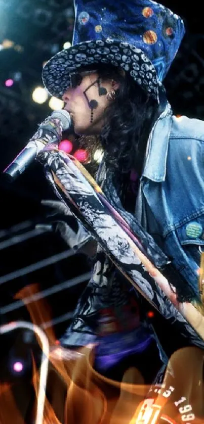 Performer in denim jacket and hat singing on stage under vibrant lights.