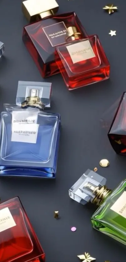 Colorful array of perfume bottles on dark background.
