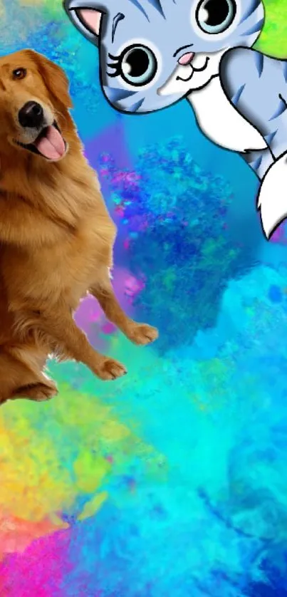 Colorful wallpaper with cartoon cat and golden retriever.