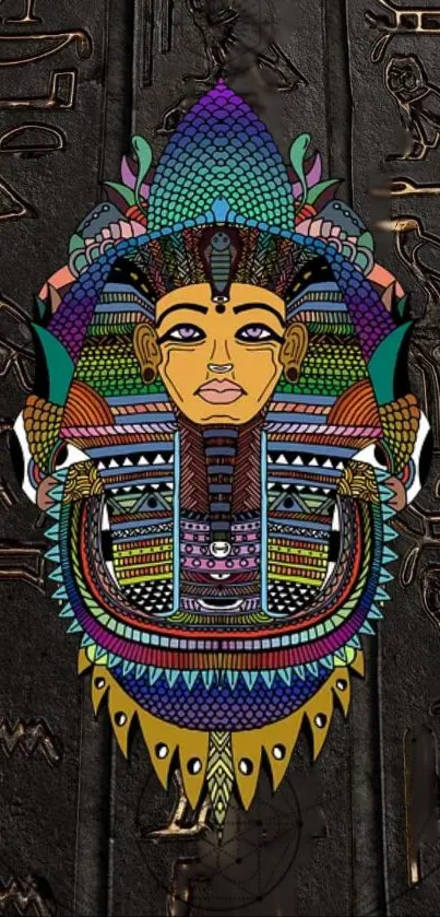 Colorful pharaoh art on black hieroglyph background wallpaper.