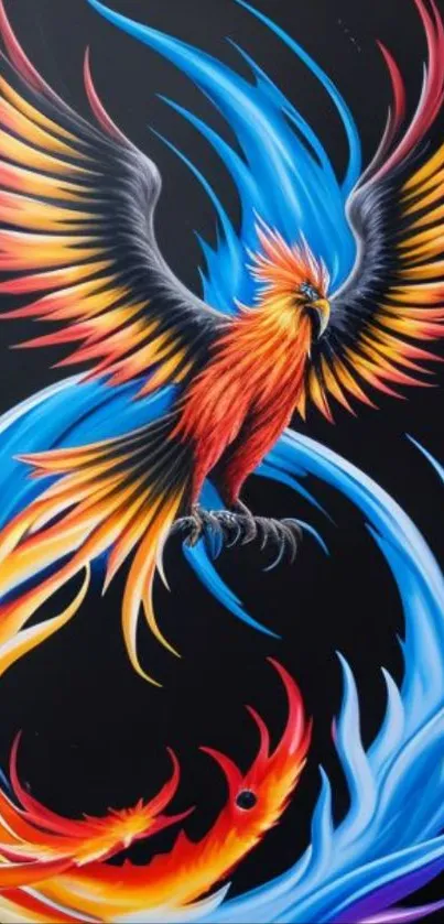 Vibrant phoenix with colorful wings on black background wallpaper.