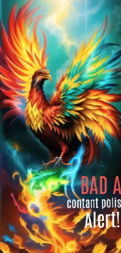 A vibrant and colorful phoenix with fiery wings on a dynamic background.