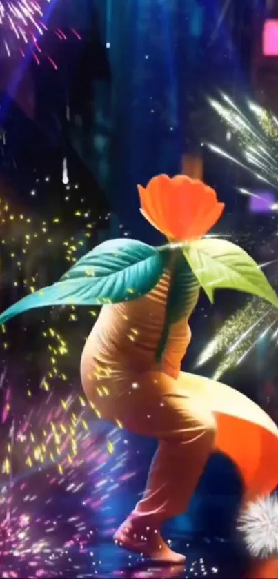 Dynamic figure with a flower head amidst fireworks and vibrant colors.