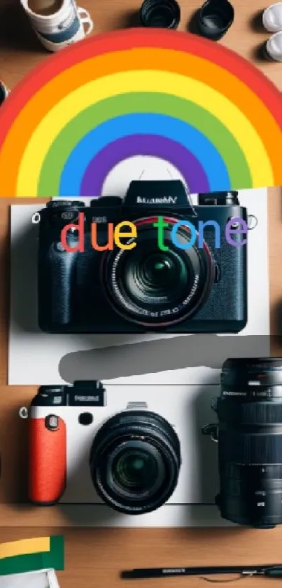 Mobile wallpaper of camera gear with a rainbow overlay.