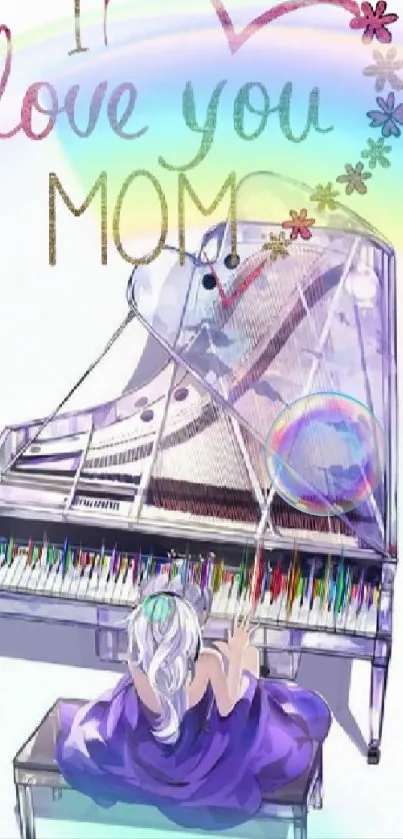 Colorful piano with 'I Love You Mom' text wallpaper.