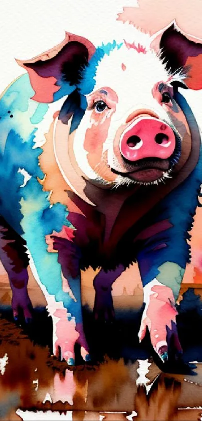 Colorful watercolor pig artwork with a vibrant and artistic style.