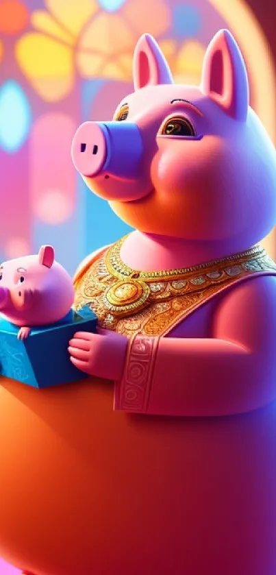 Neon-colored cartoon pig with book in vibrant setting. Fantasy art mobile wallpaper.