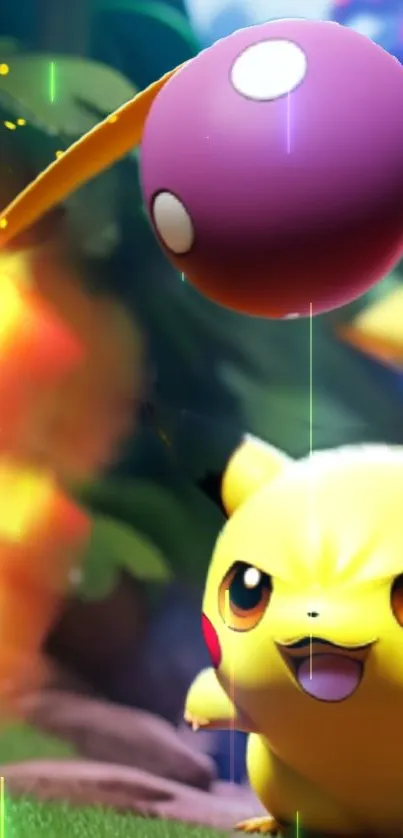 Vibrant animated Pikachu in a forest setting wallpaper.