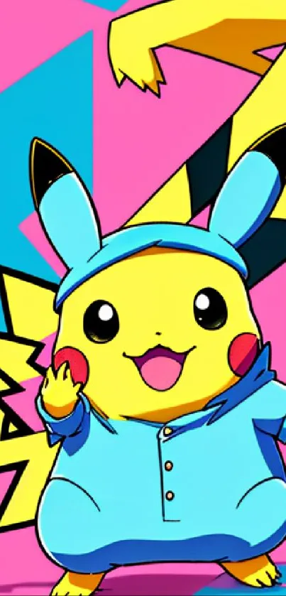 Vibrant Pikachu cartoon wallpaper in blue outfit on pink and yellow background.