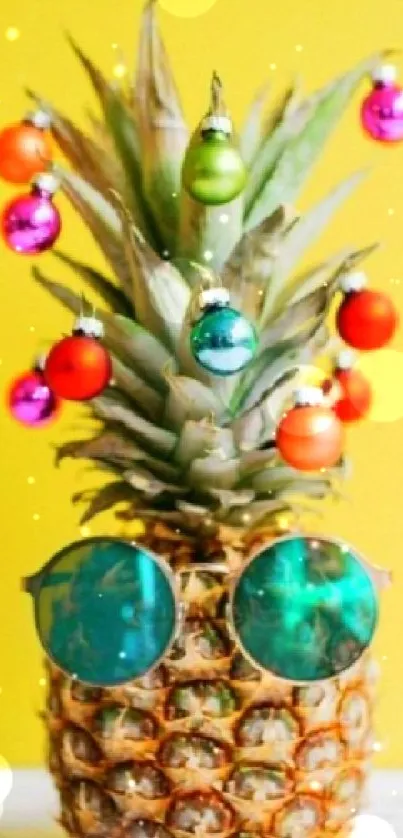 Pineapple with ornaments and sunglasses, yellow background.