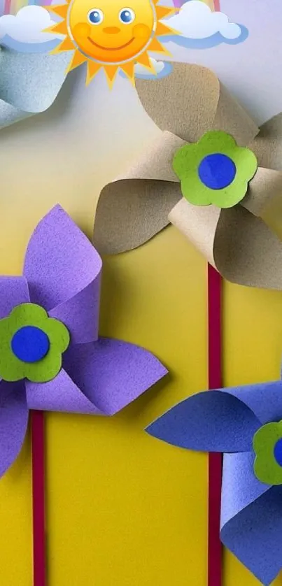 Colorful pinwheels with yellow background in a sunny digital illustration.