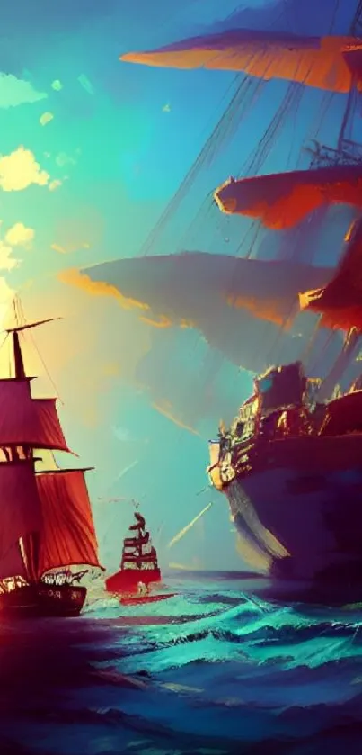 Vibrant pirate ships on ocean at sunset.