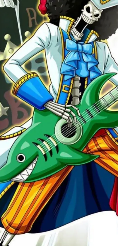 Pirate skeleton playing green guitar wallpaper.