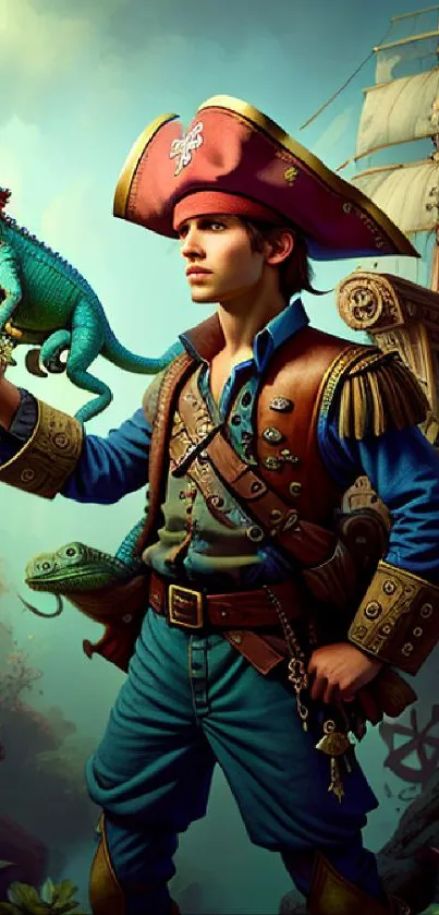 Pirate with lizard and ship in colorful mobile wallpaper.