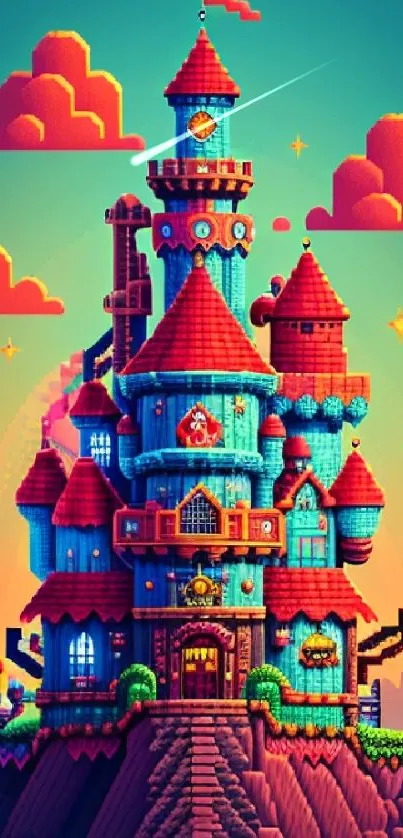 A vibrant pixel art castle with colorful towers and a fantasy design.