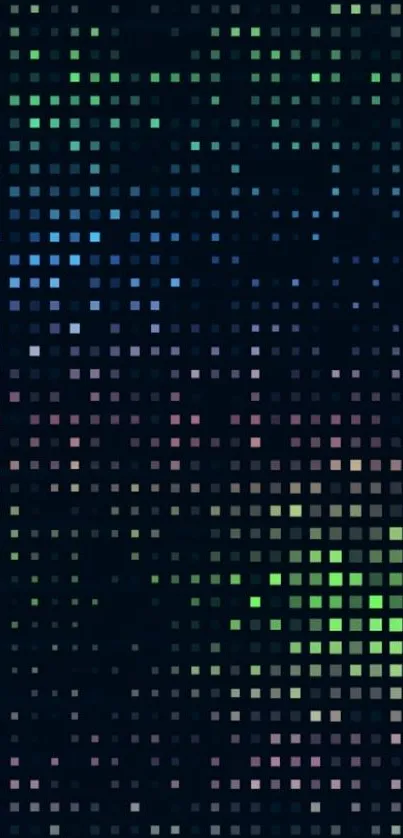 Vibrant pixel art wallpaper with blue, green, and purple squares on a dark background.