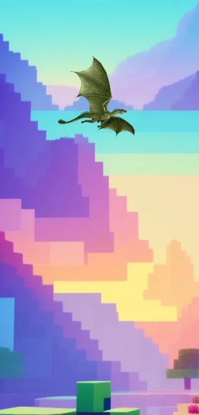 Vibrant pixel art of dragon flying over colorful landscape.